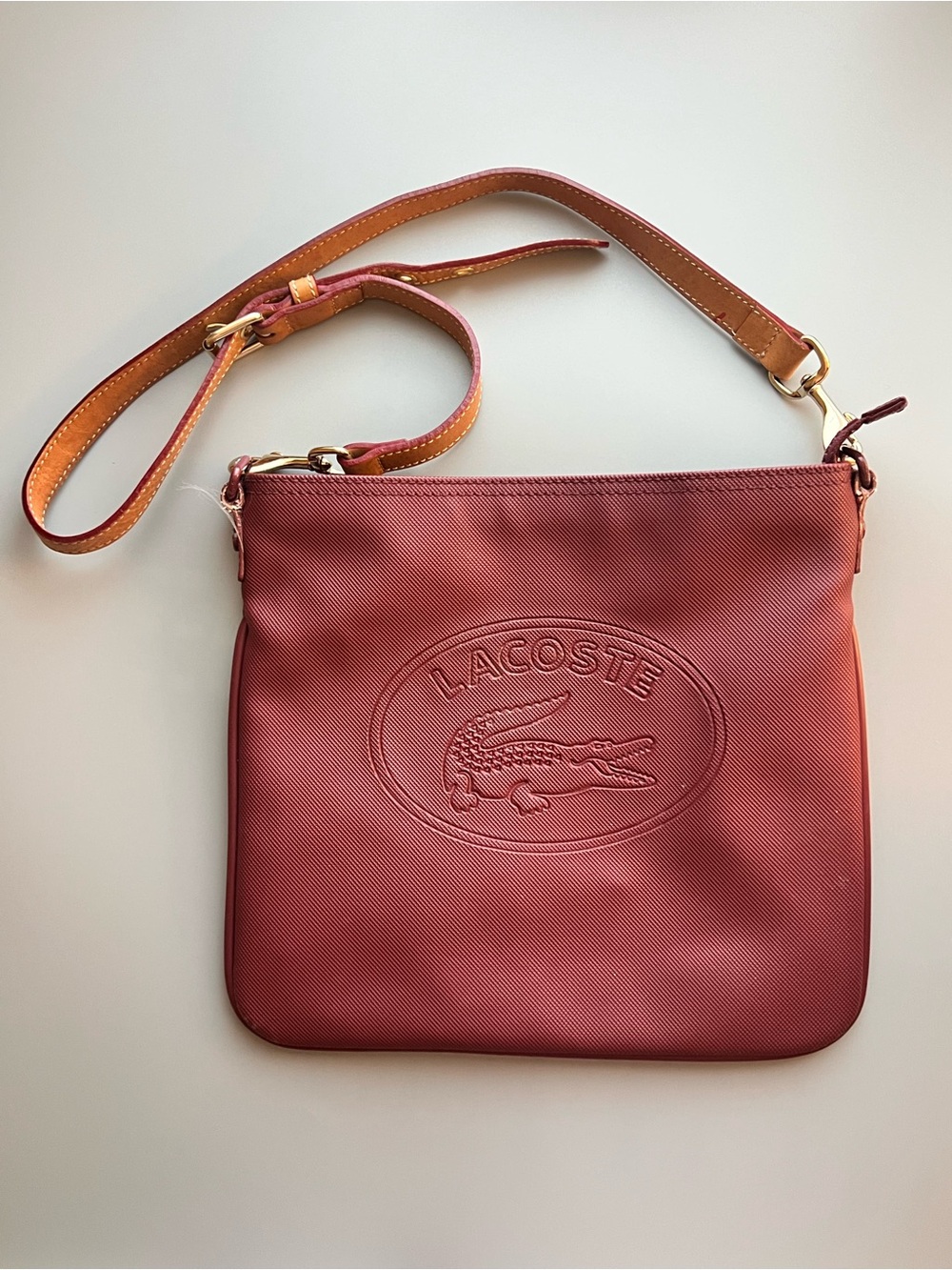 Lacoste Burgundy Red Embossed Croc Crossbody Bag with Tan Strap Gold Hardware